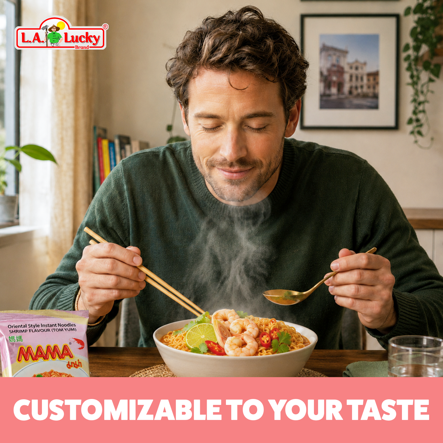 MAMA Tom Yum shrimp flavor instant noodles served as a hot meal