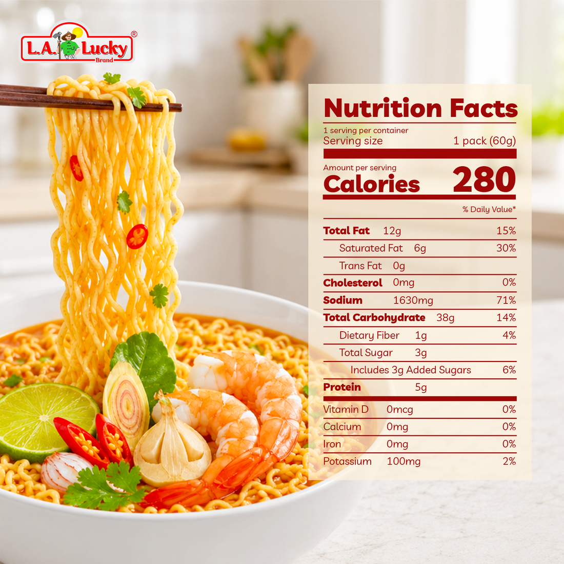 MAMA Tom Yum shrimp flavor instant noodles 60 g bag with serving suggestion