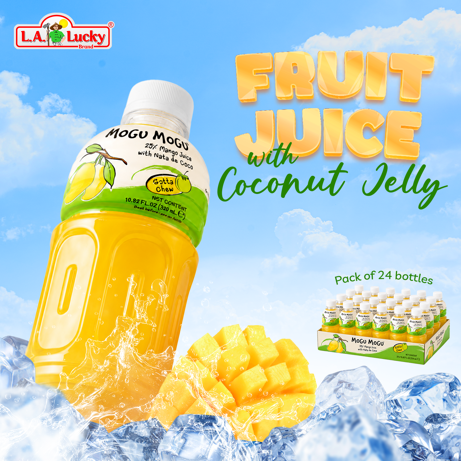 Mango Flavored Drink with Nata de Coco Coconut Jelly 320ml Bottles - Pack of 24