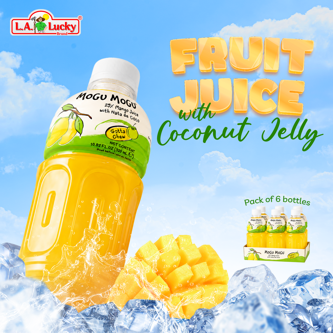 Mango Flavored Drink with Nata de Coco Coconut Jelly 320ml Bottles - Pack of 6