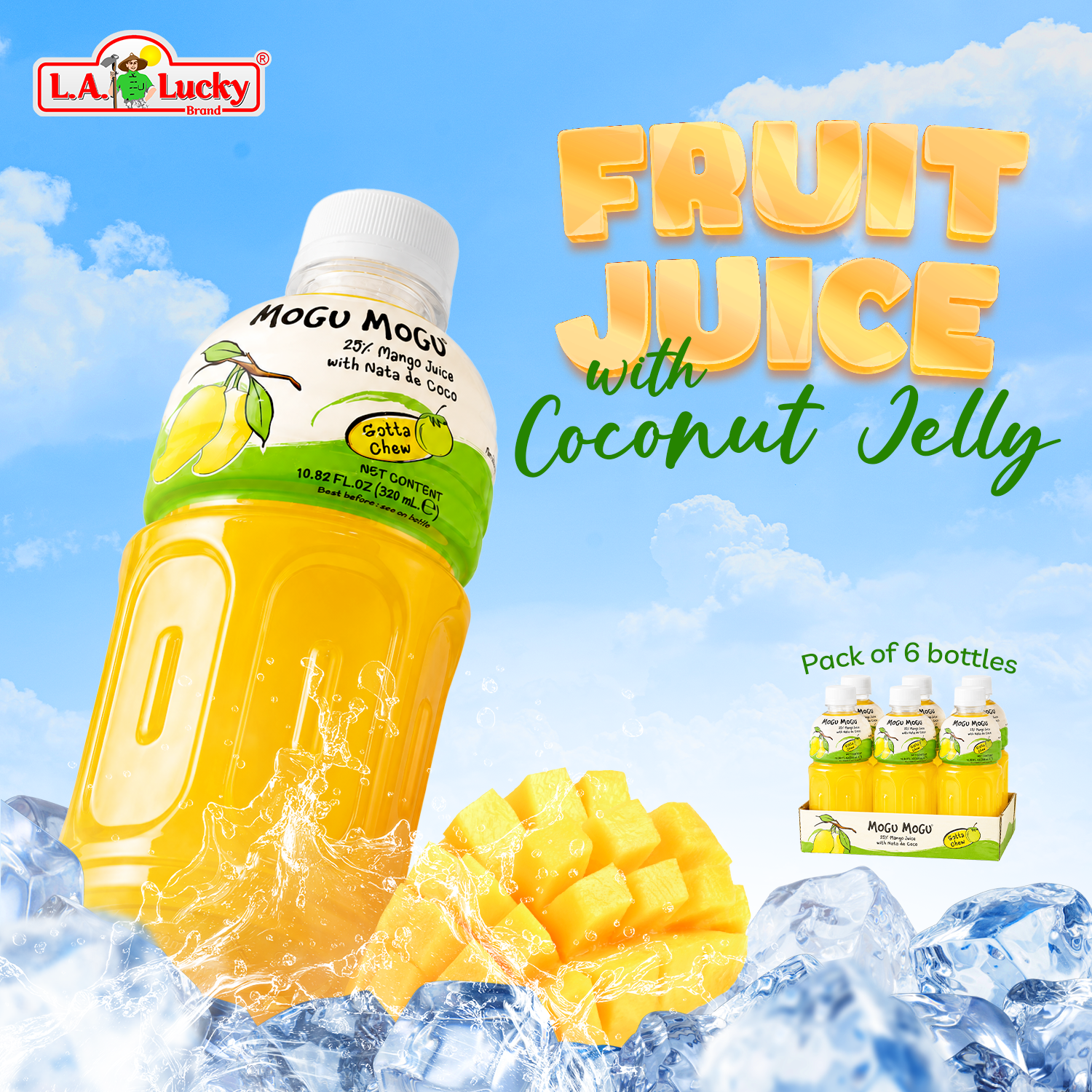 Mango Flavored Drink with Nata de Coco Coconut Jelly 320ml Bottles - Pack of 6