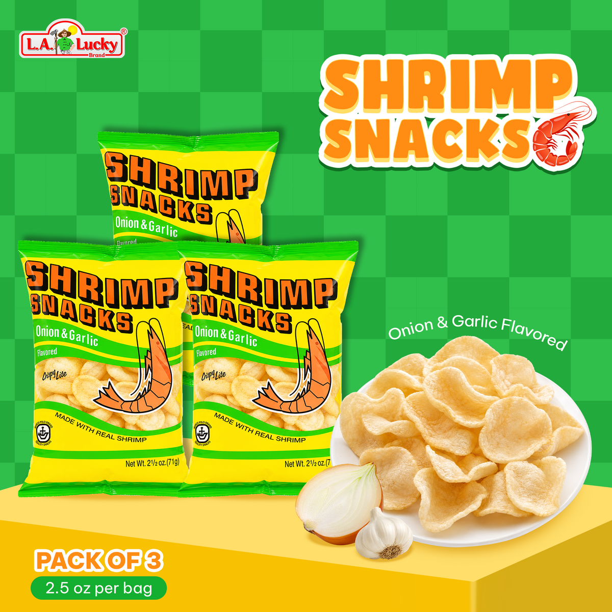 MARCO POLO Onion and Garlic Shrimp Chips 2.5 oz bags Pack of 3 front view