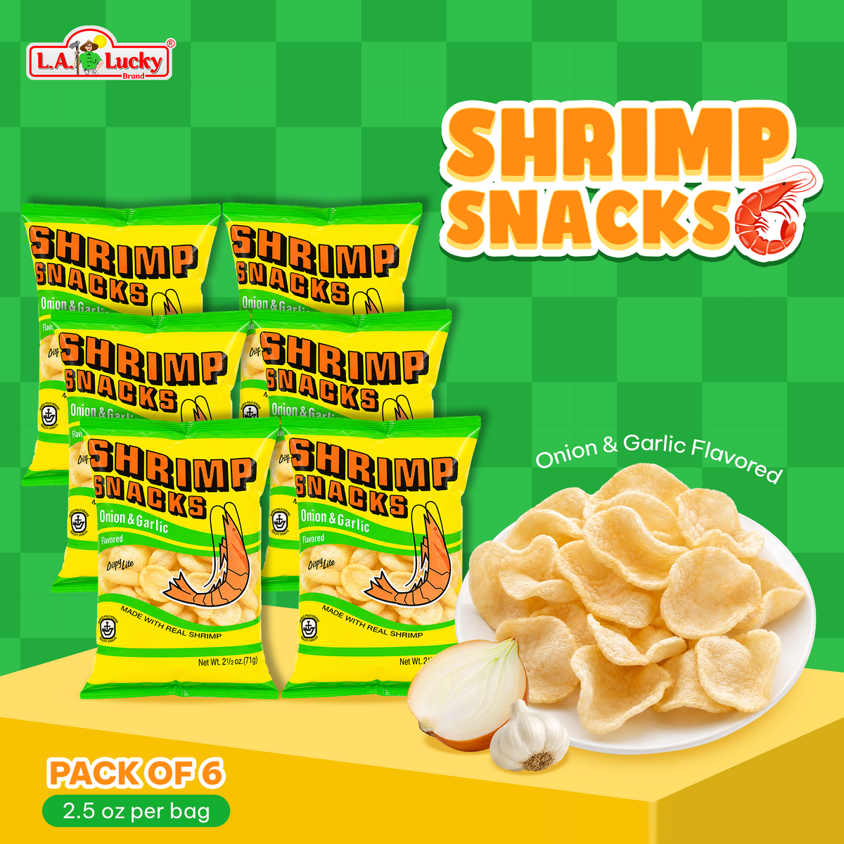 MARCO POLO Onion and Garlic Shrimp Chips 2.5 oz bags Pack of 6 front view