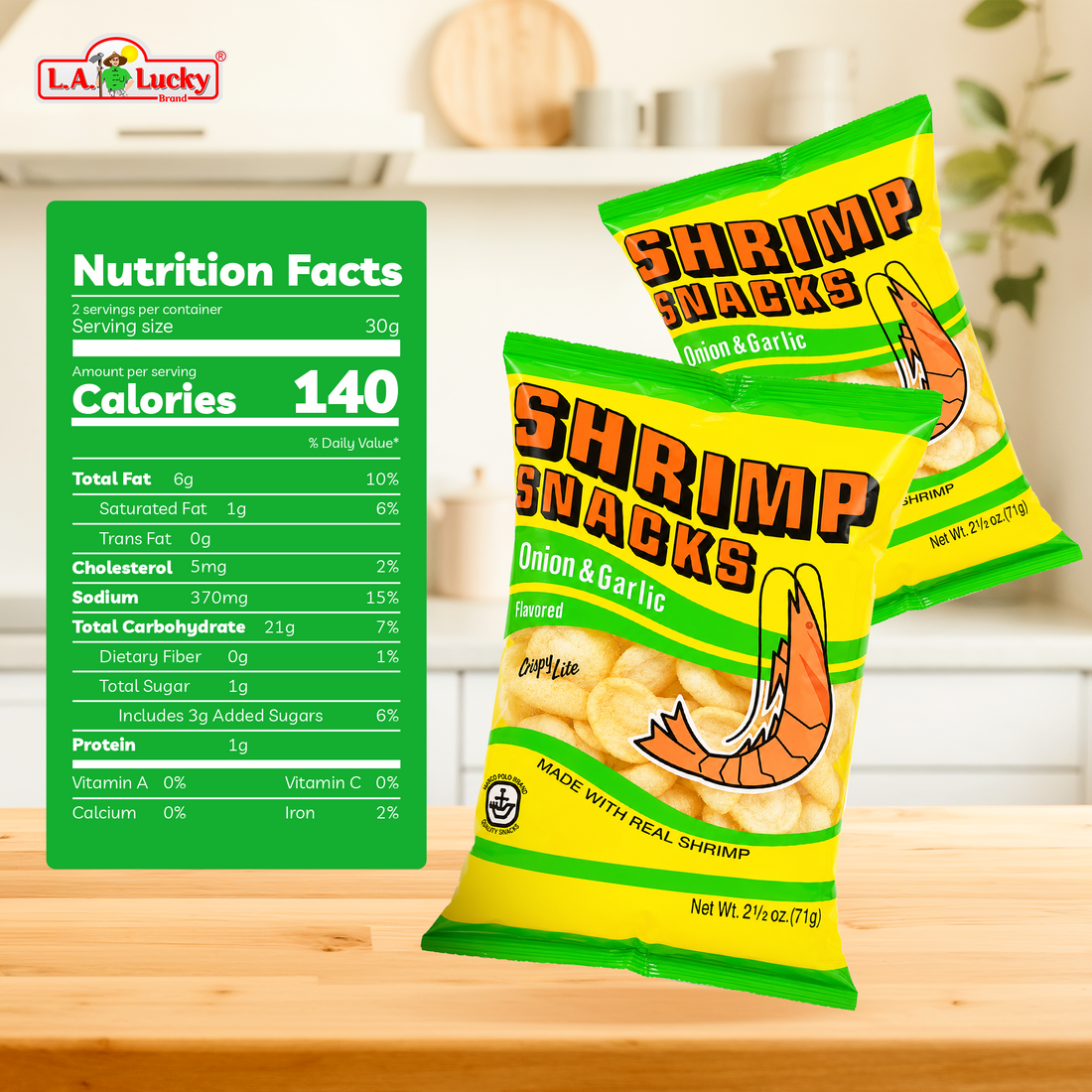 MARCO POLO Onion and Garlic Shrimp Chips 2.5 oz bags Pack of 3 front view