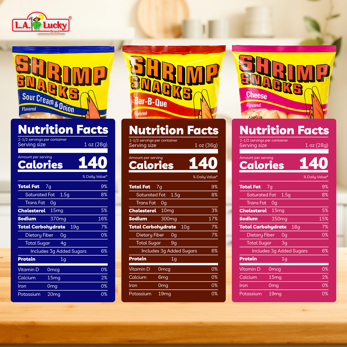 Nutrition facts for MARCO POLO Shrimp Chips Mix three flavor pack