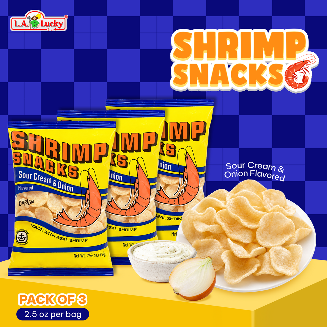 MARCO POLO Sour Cream & Onion Shrimp Chips pack of 3, 2.5 oz bags