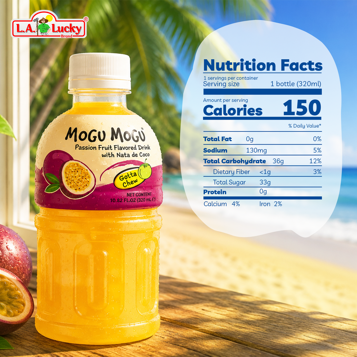 Nutrition facts for Mogu Mogu Passion Fruit Flavored Drink with Nata de Coco