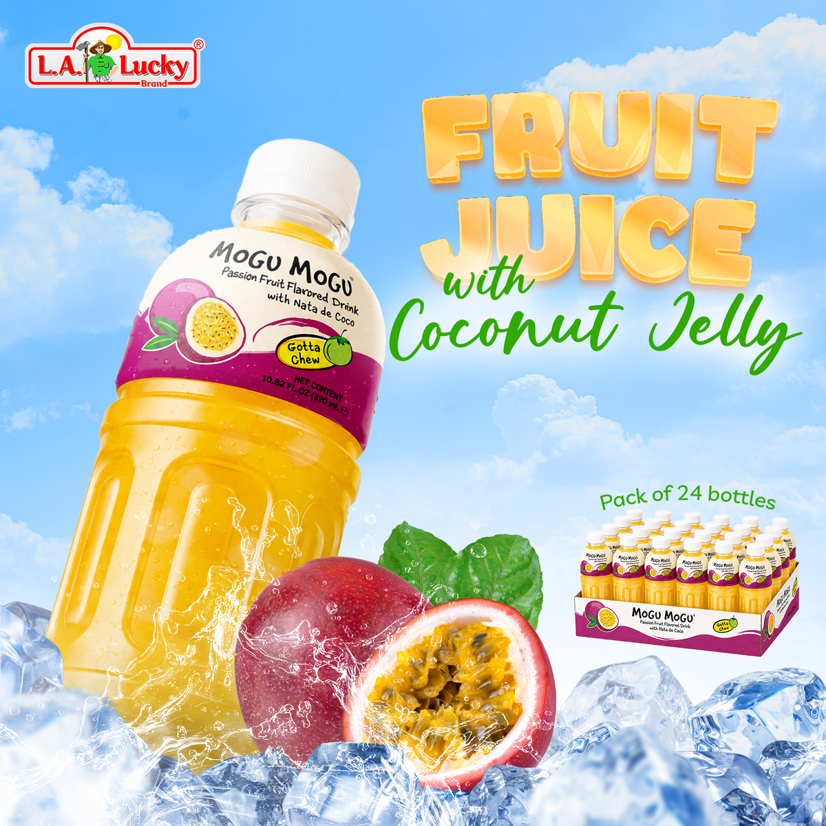 Mogu Mogu Passion Fruit Flavored Drink with Nata de Coco pack of 24 bottles