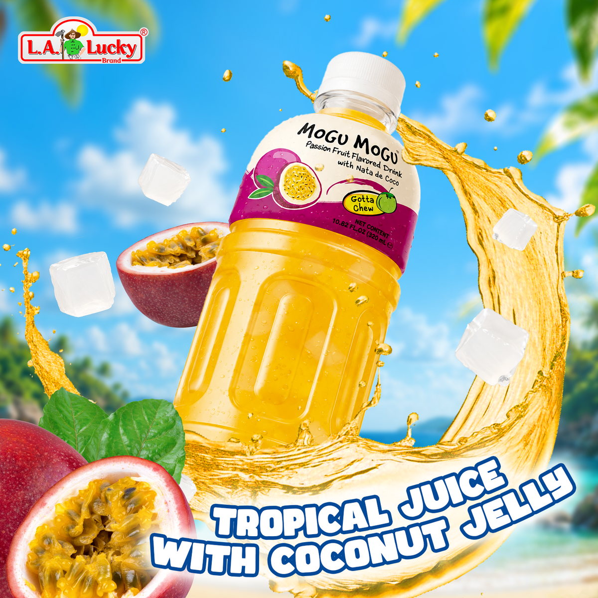 Mogu Mogu Passion Fruit Flavored Drink tropical juice with coconut jelly