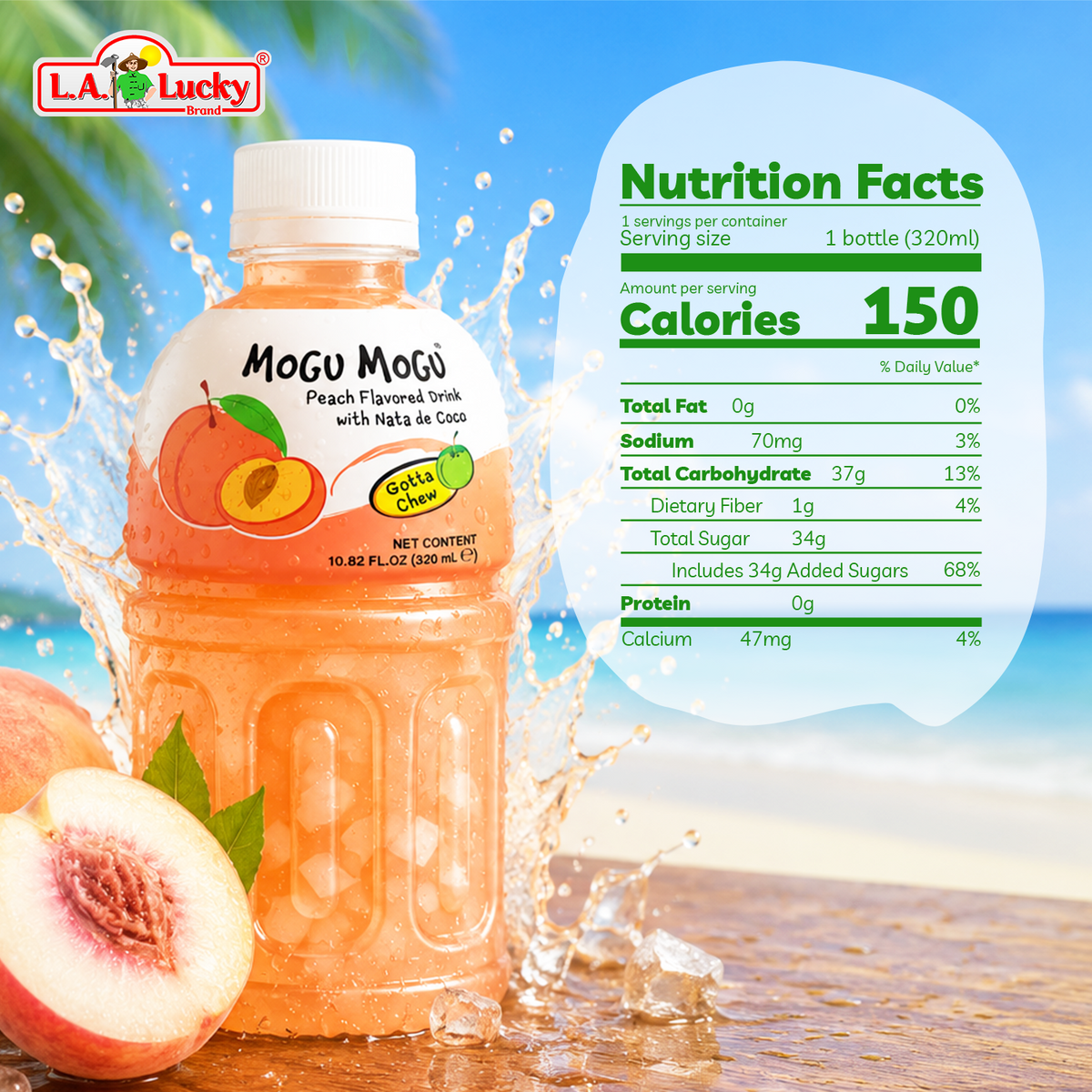 Nutrition facts for Mogu Mogu Peach Flavored Drink with Nata de Coco