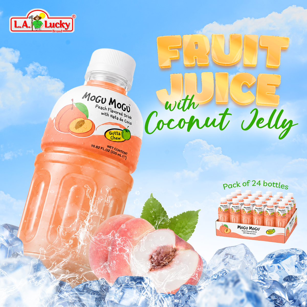 Mogu Mogu Peach Flavored Drink with Nata de Coco pack of 24 bottles