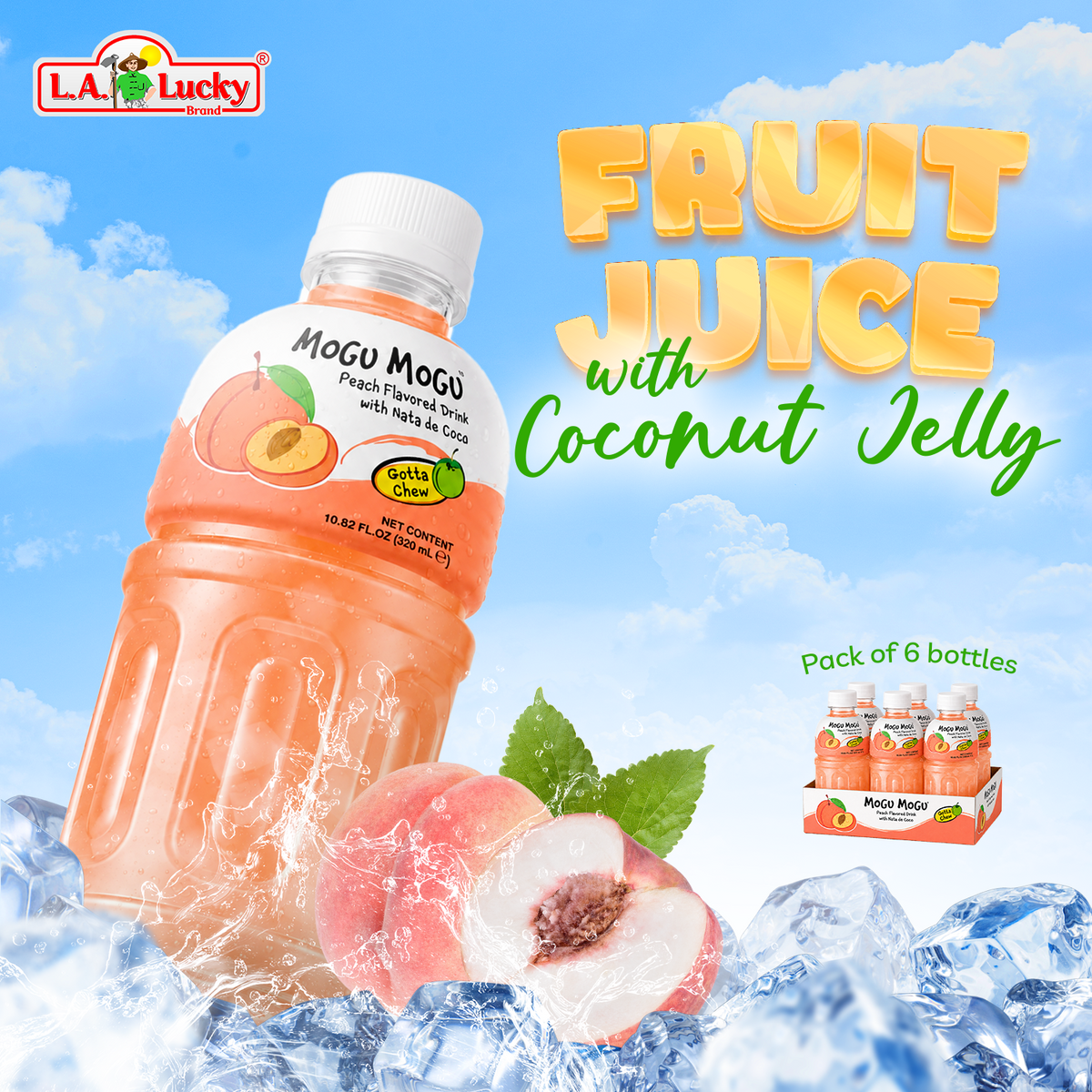 Mogu Mogu Peach Flavored Drink with Nata de Coco pack of 6 bottles