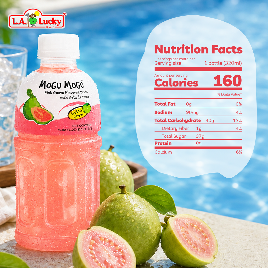 Mogu Mogu Pink Guava Flavored Drink with Nata de Coco pack of 6 bottles