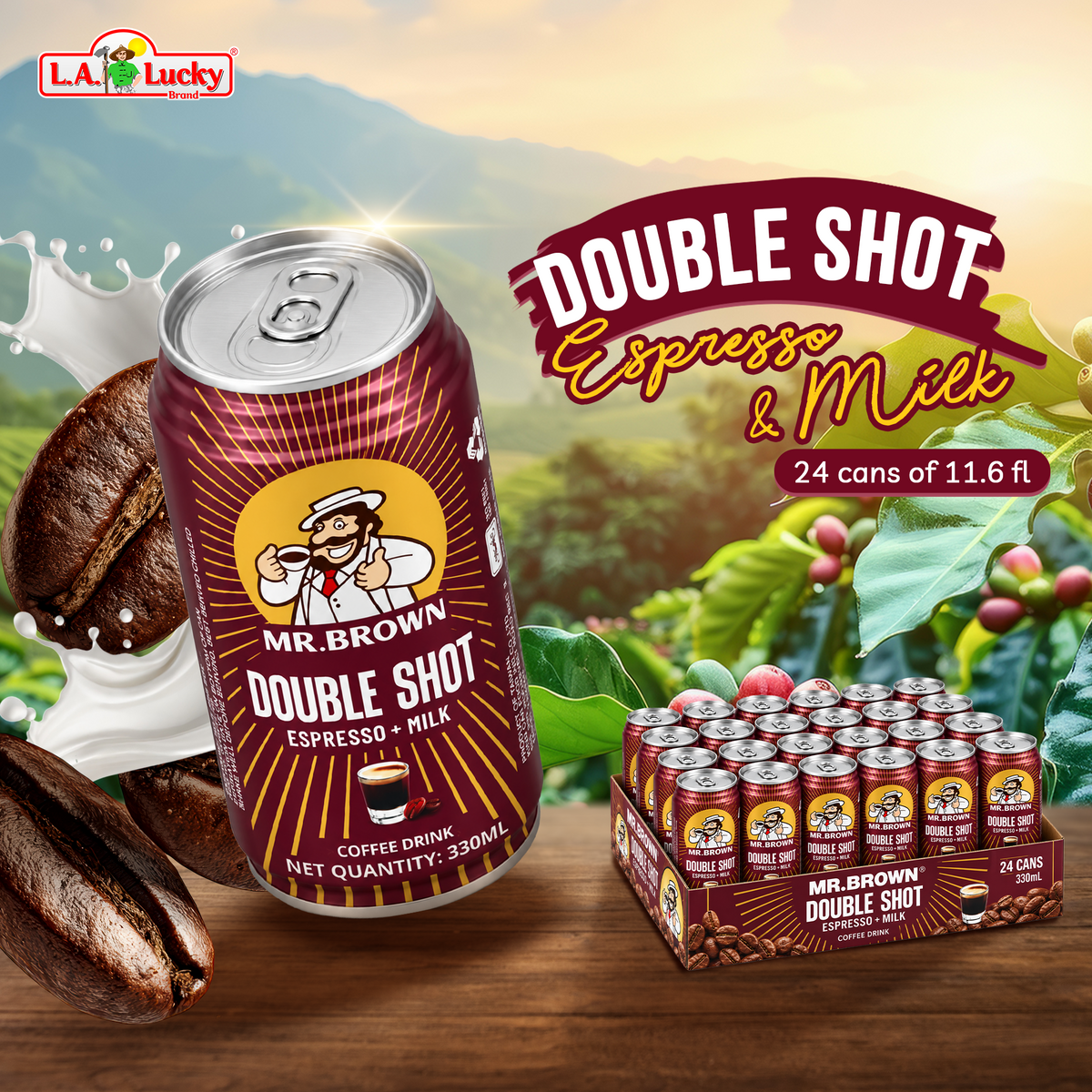 Mr. Brown Double Shot Espresso + Milk coffee drink, pack of 24