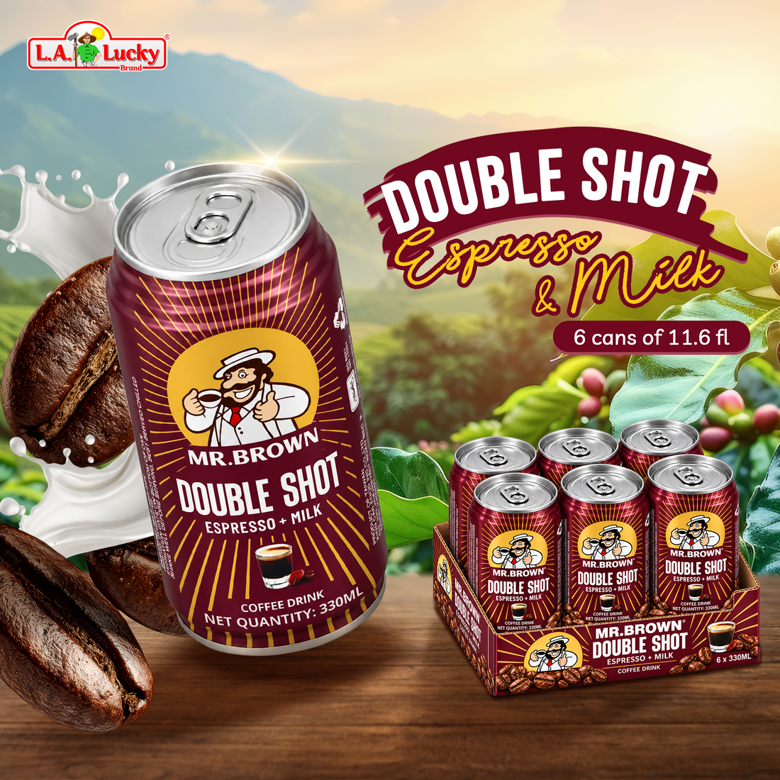 Mr. Brown Double Shot Espresso + Milk coffee drink, pack of 6