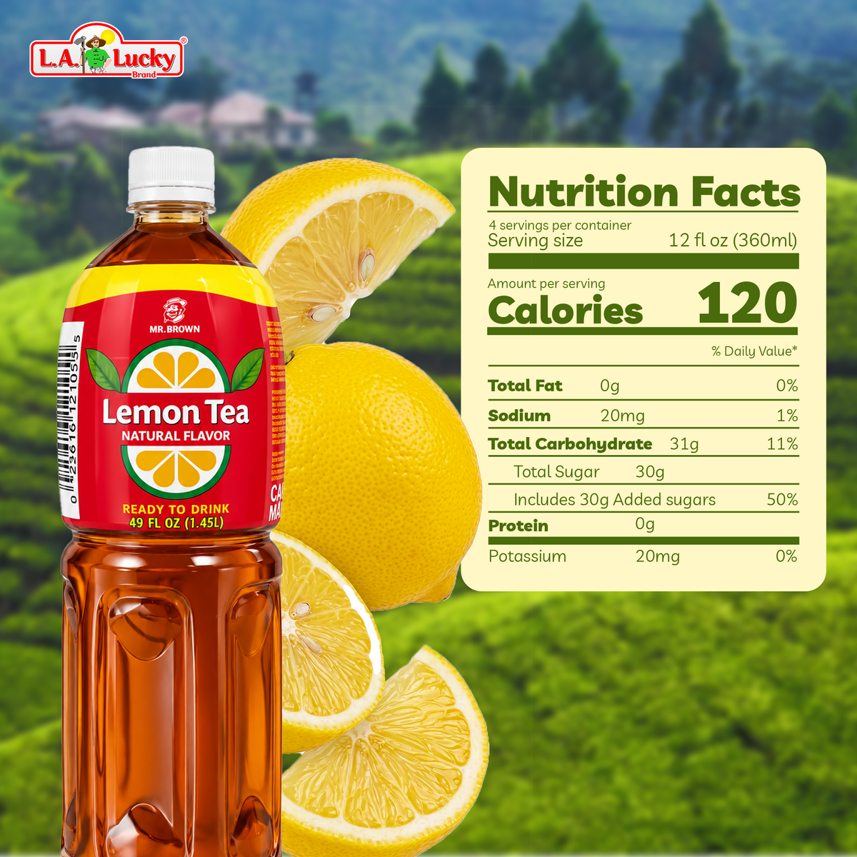 Mr. Brown Lemon Tea 1.45 L bottle with nutrition facts