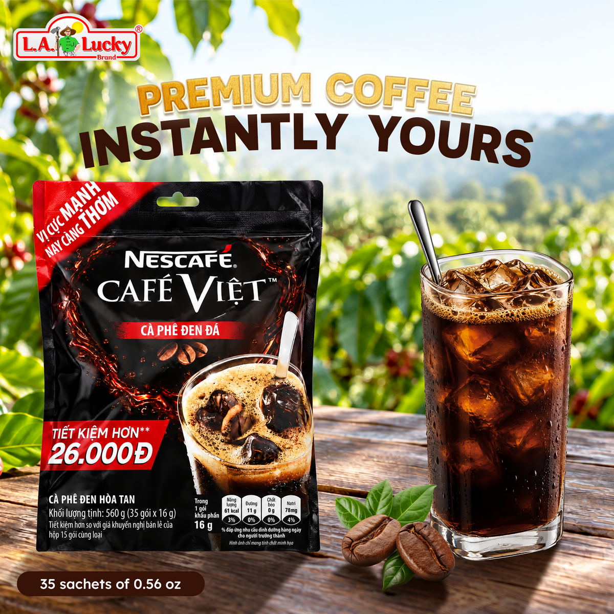 Nescafe Cafe Viet instant black iced coffee with a prepared glass
