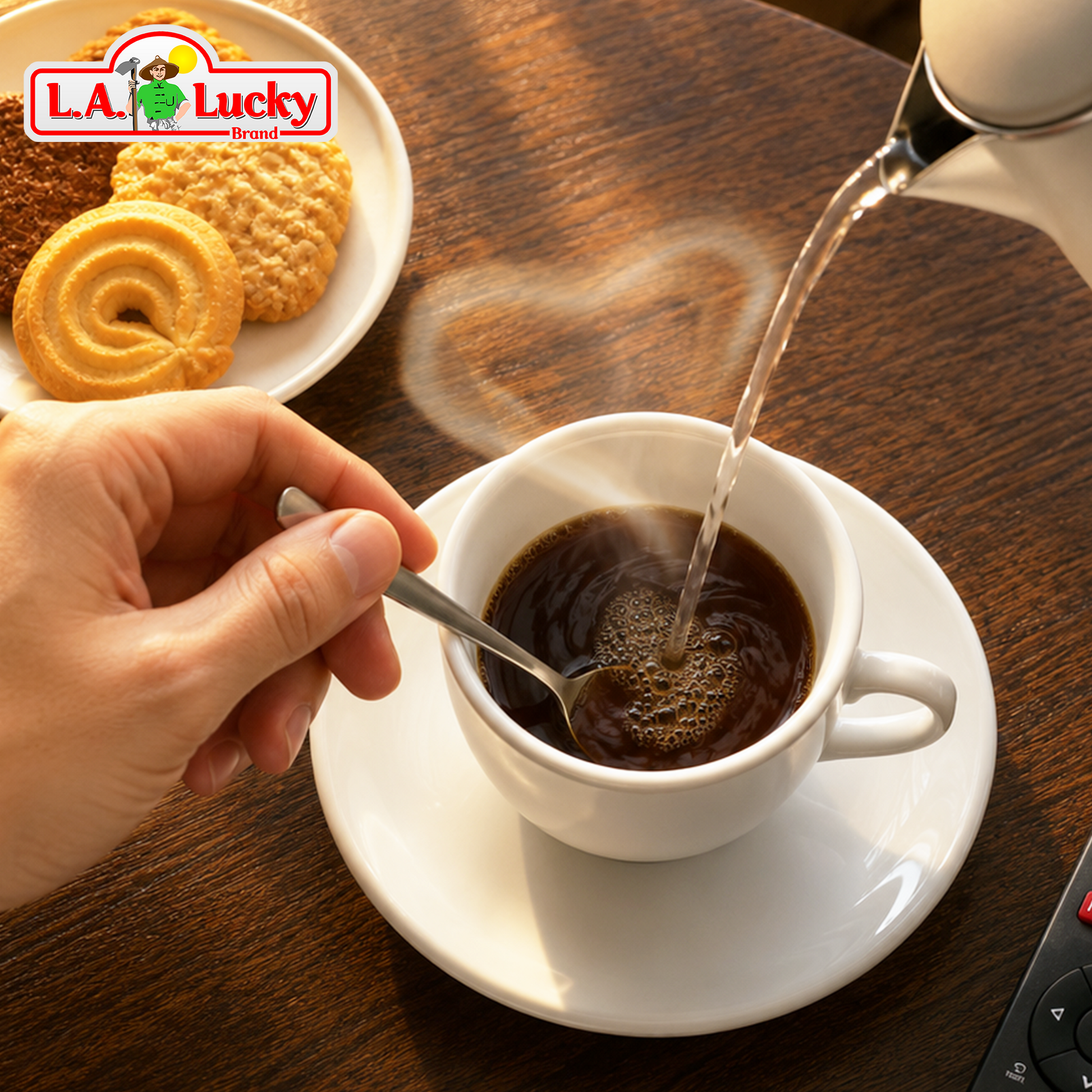 preparing hot instant black coffee in a white cup