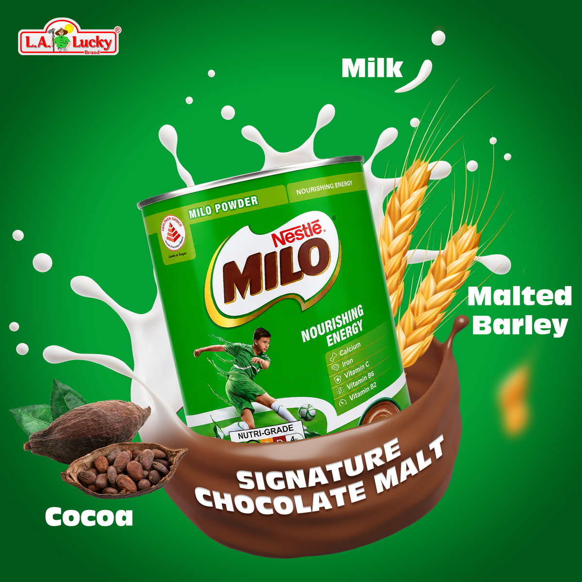 Nestle MILO chocolate malt powder drink with cocoa, milk, and malted barley