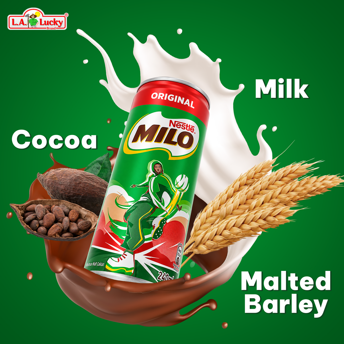 Nestle MILO ready-to-drink chocolate malt beverage with cocoa, milk, and malt