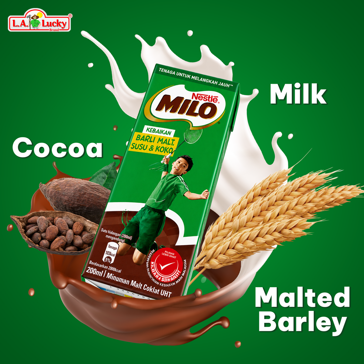 Nestle Milo UHT chocolate malt drink made with cocoa, malt, and milk