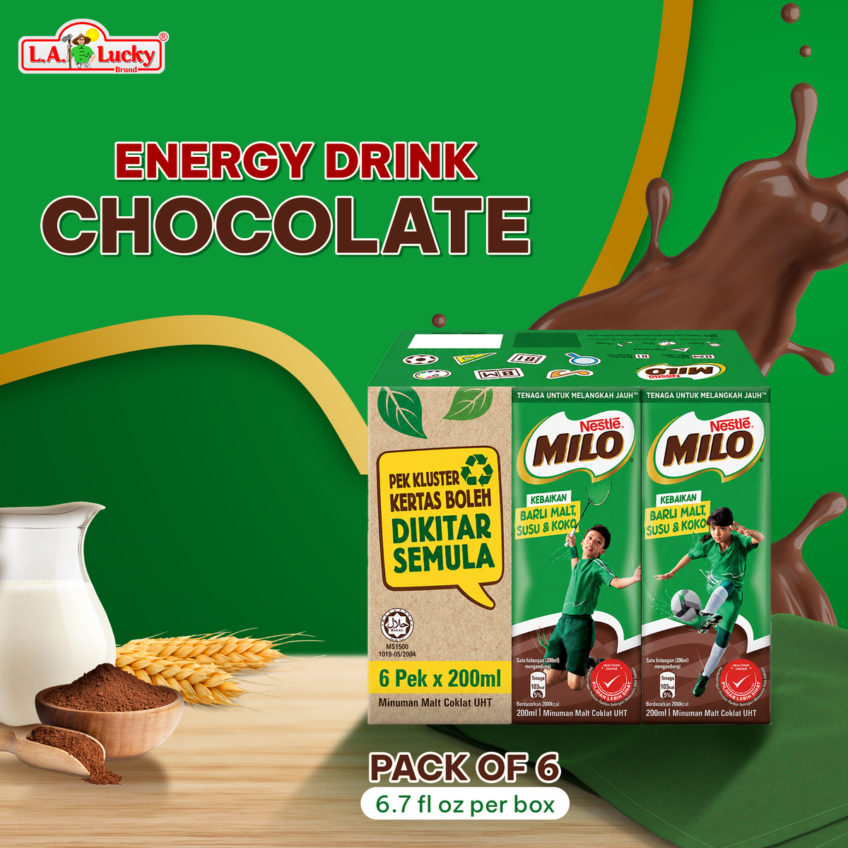Nestle Milo UHT chocolate malt drink, 200 mL cartons, pack of 6