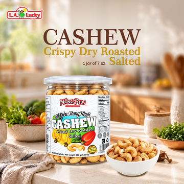 Nong Phu crispy dry roasted salted cashews in a 7.05 oz jar
