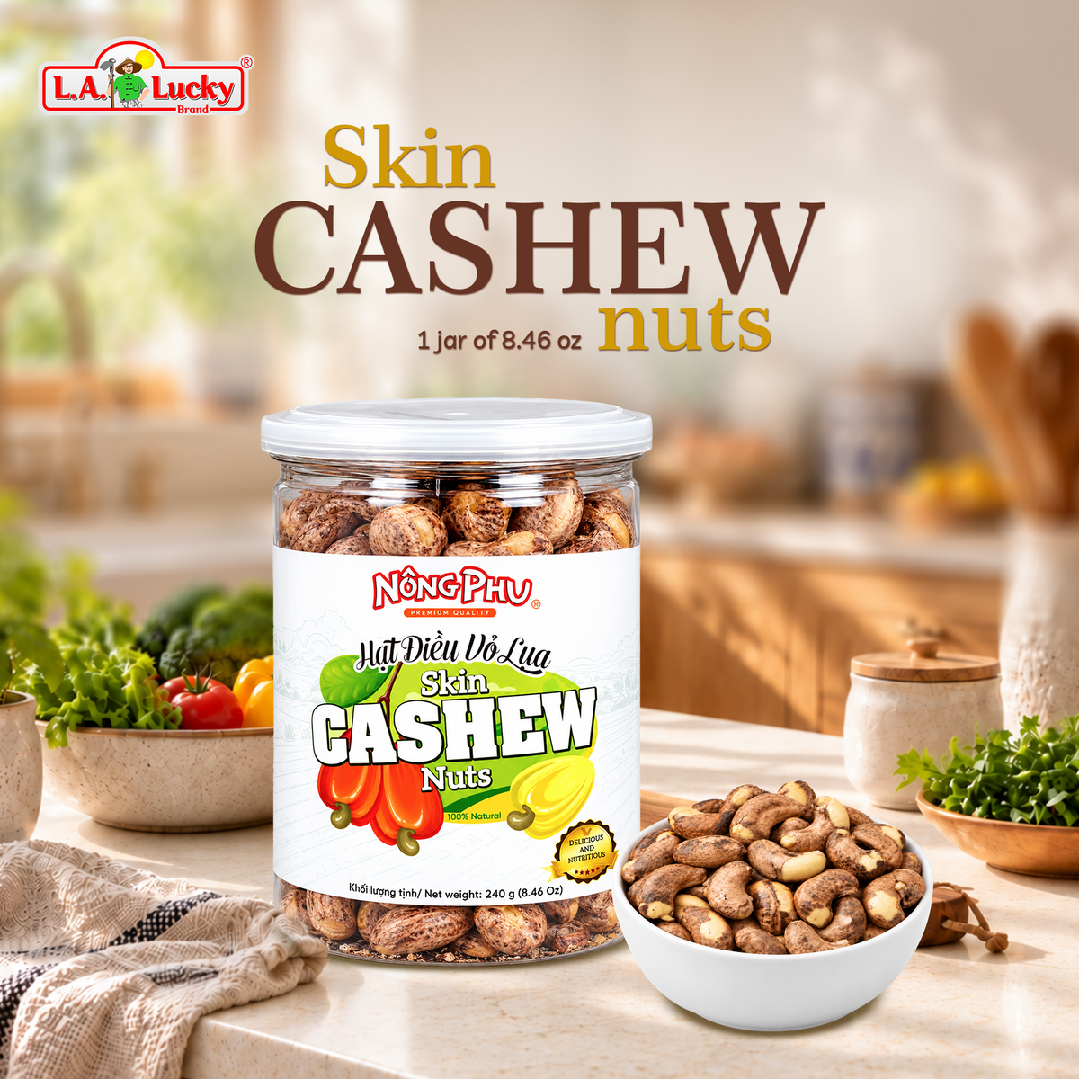 Nong Phu dry roasted salted skin-on cashews in an 8.46 oz jar