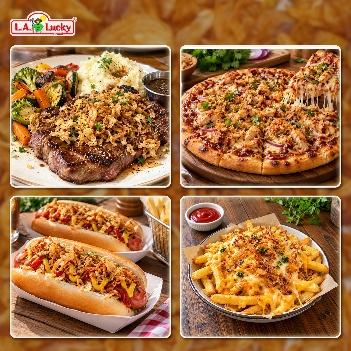 Fried red onion topping on steak, pizza, hot dogs, and cheese fries