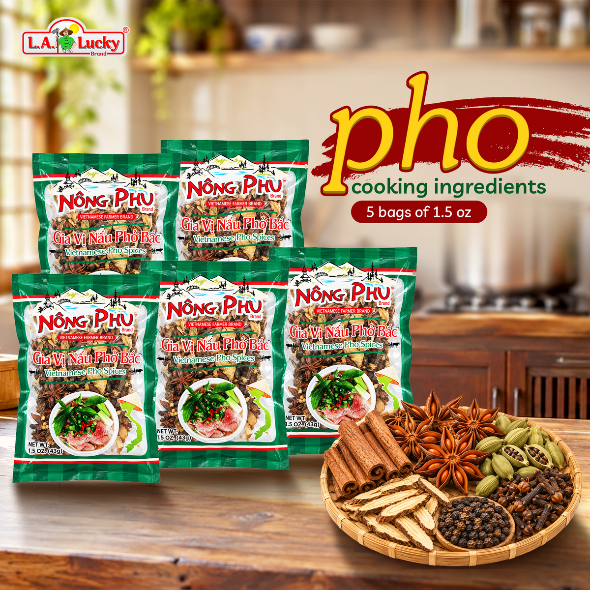 Nong Phu Pho Bac spices, five 1.5 oz bags