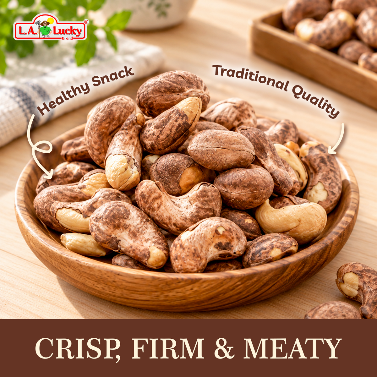 Close-up of crisp firm and meaty Nong Phu skin-on cashews