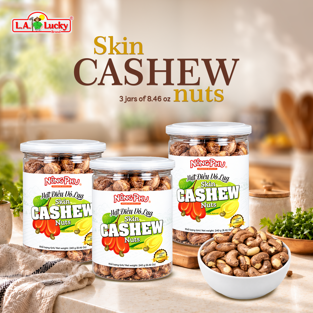 Three jars of Nong Phu dry roasted salted skin-on cashews
