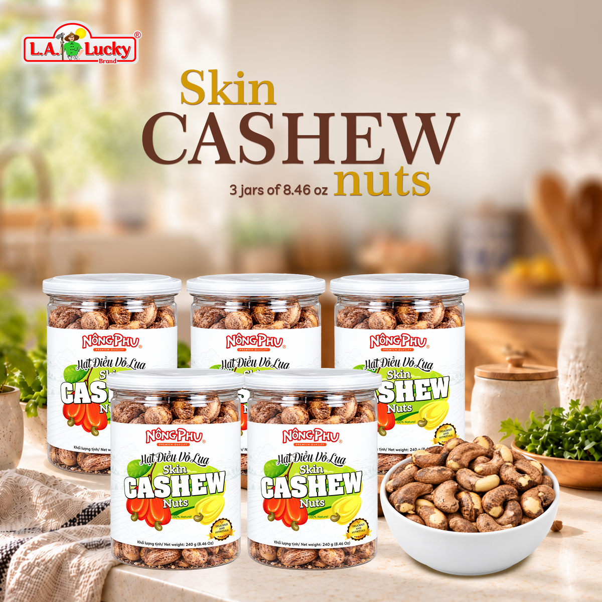 Five jars of Nong Phu dry roasted salted skin-on cashews
