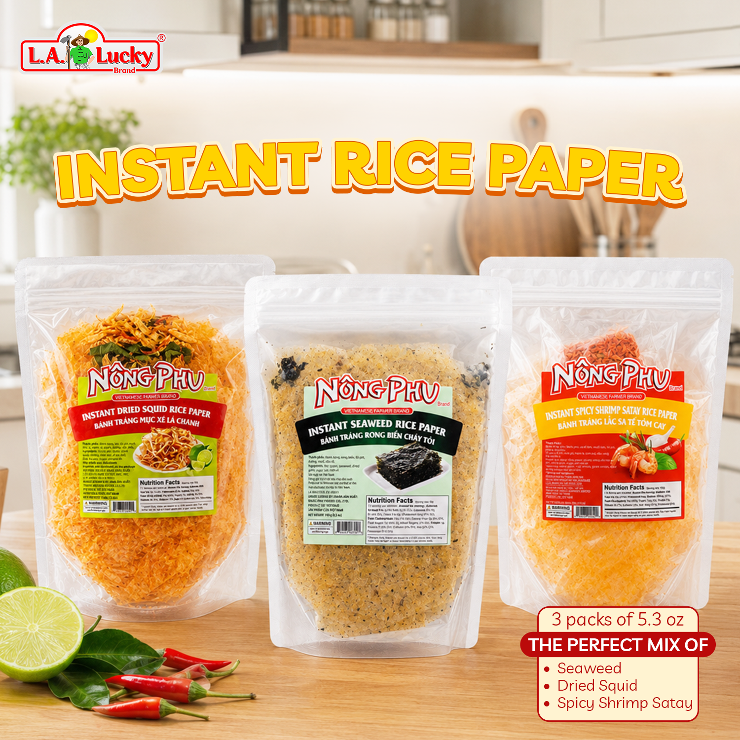 Nong Phu three flavor instant rice paper mix pack of 3 front image