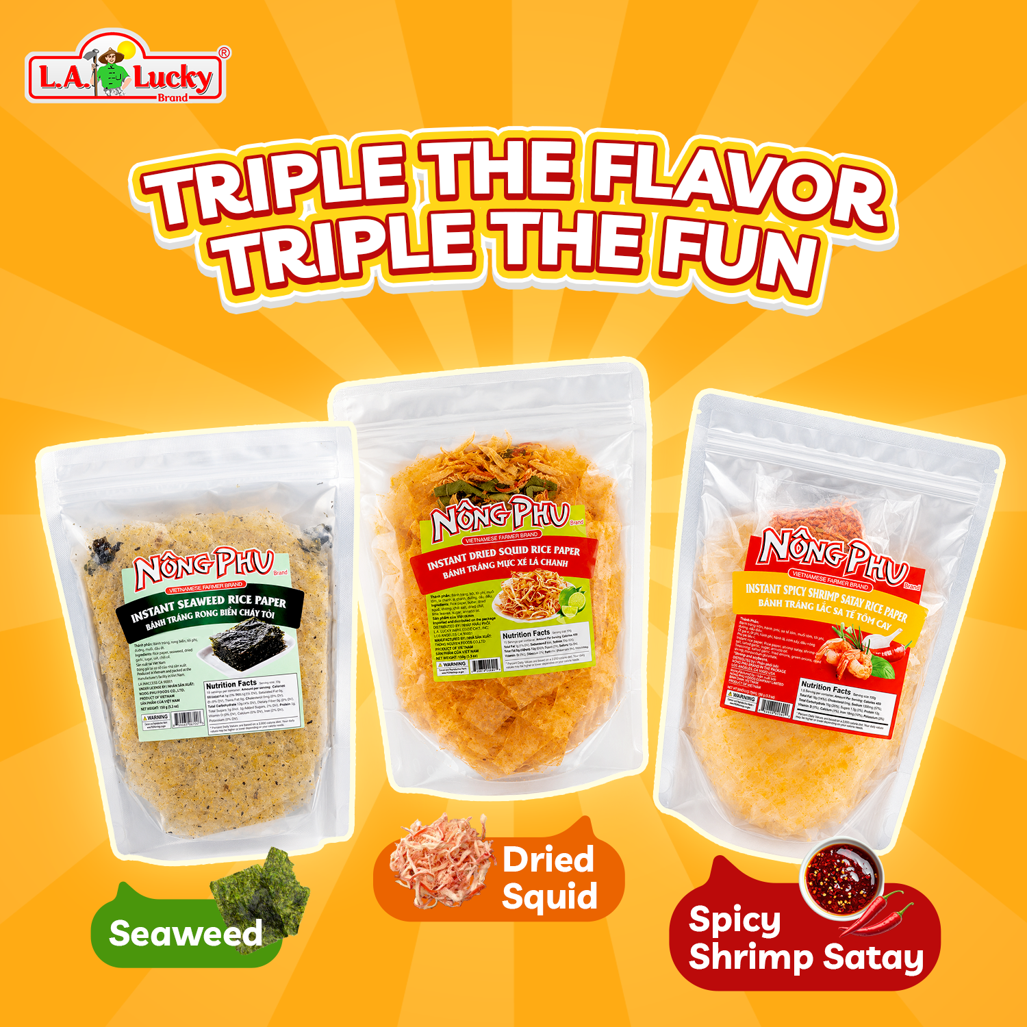Nong Phu three flavor rice paper mix with seaweed dried squid and spicy shrimp satay