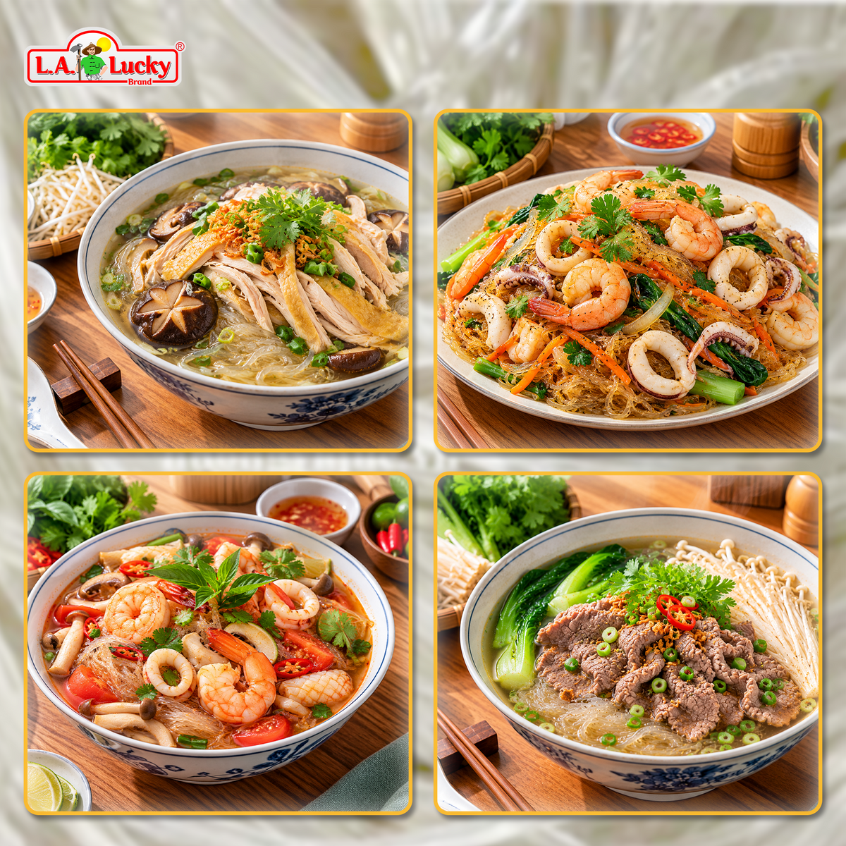 Arrowroot vermicelli in chicken soup, seafood stir-fry, and noodle bowls