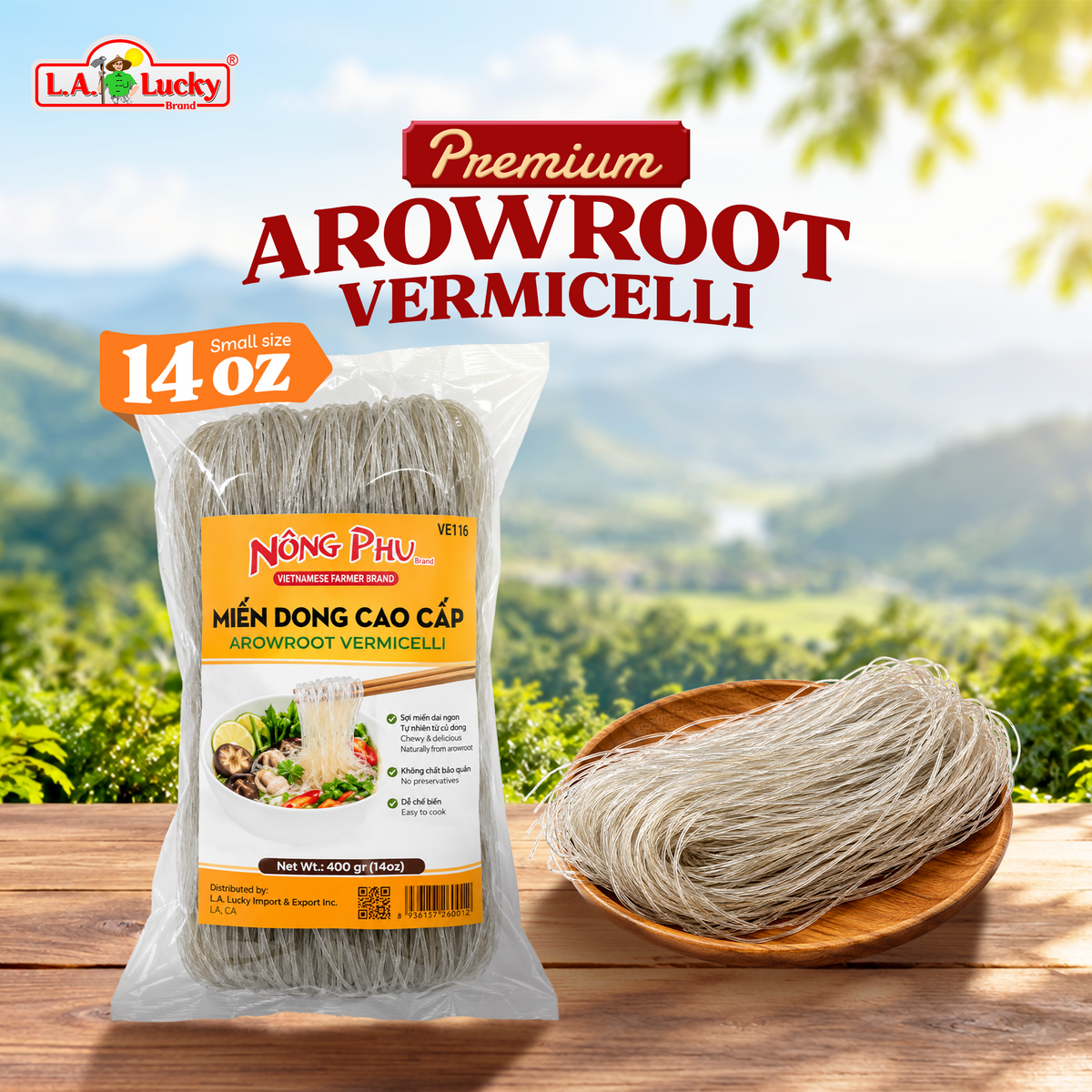 Nong Phu arrowroot vermicelli, one 14 oz (400 g) bag