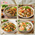 Arrowroot vermicelli serving ideas with seafood soup, crab stir-fry, and tofu vegetables