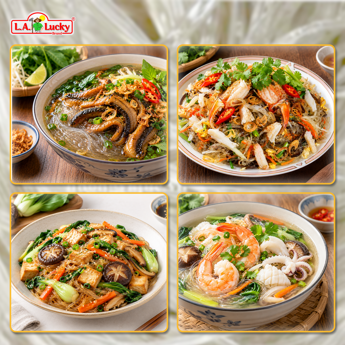 Arrowroot vermicelli serving ideas with seafood soup, crab stir-fry, and tofu vegetables