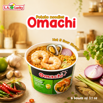 Omachi Hot and Sour Shrimp Flavor Potato Noodle Bowl pack of 6 front view