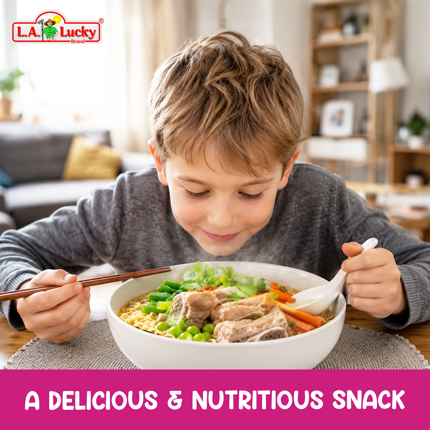 OMACHI pork rib soup flavor instant noodles served as a family meal