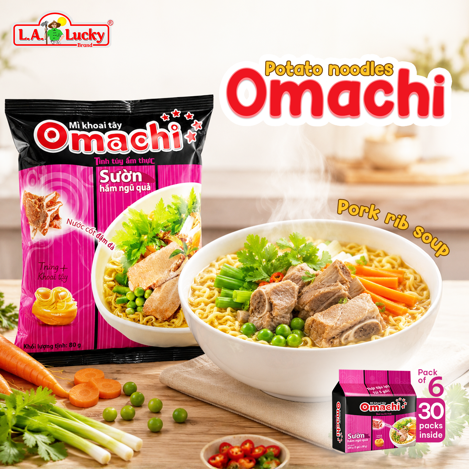 OMACHI pork rib soup flavor potato instant noodles pack of 30 case image