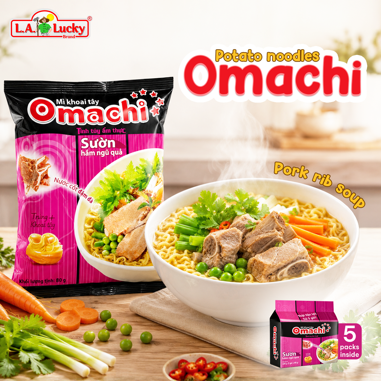 OMACHI pork rib soup flavor potato instant noodles pack of 5 front image