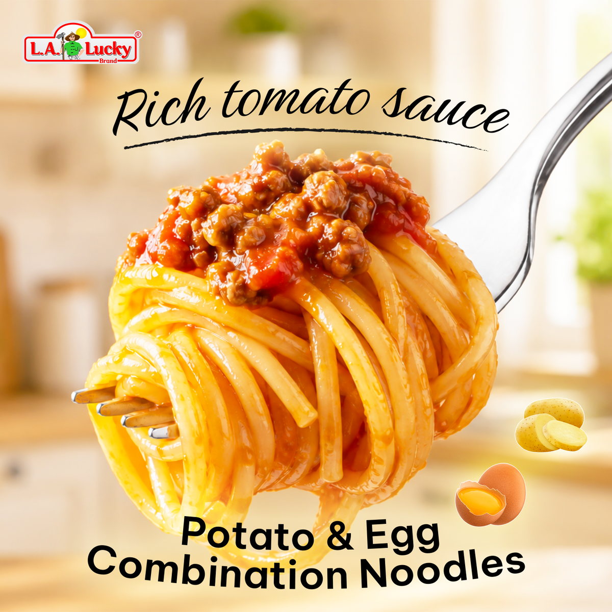 OMACHI potato and egg combination noodles with spaghetti sauce