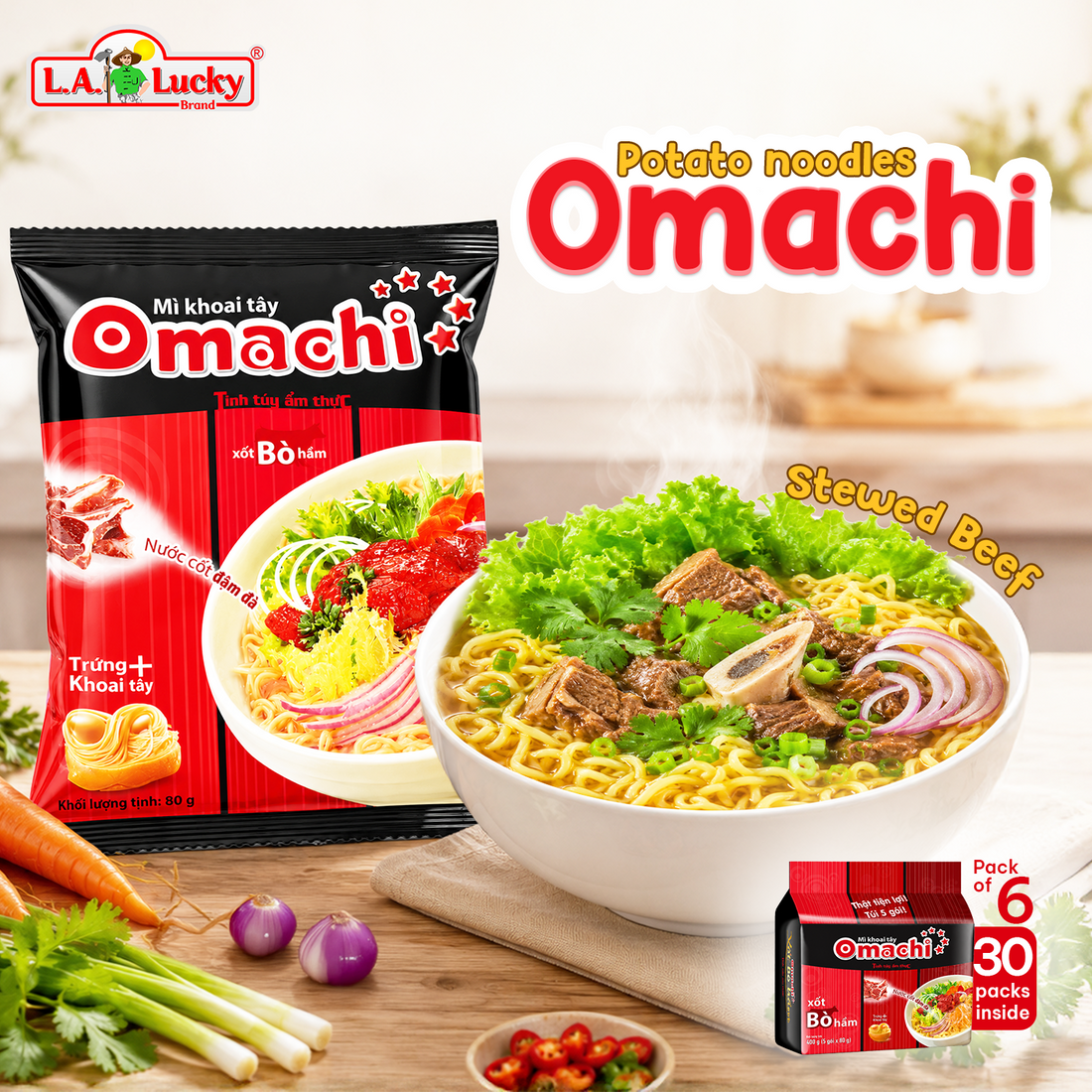 OMACHI Stewed Beef Flavor Instant Noodles, Potato Noodle, Bag