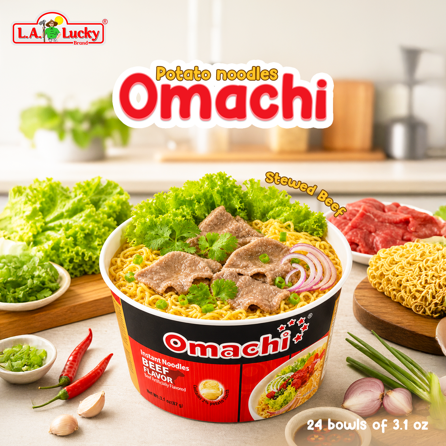 Omachi Stewed Beef Flavor Potato Noodle Bowl case of 24 front view