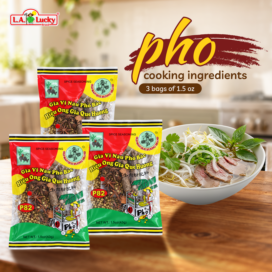 Old Man Que Huong Pho Bac seasoning pack of 3 with a bowl of pho