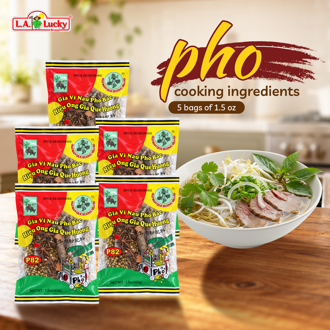 Old Man Que Huong Pho Bac seasoning pack of 3 with a bowl of pho