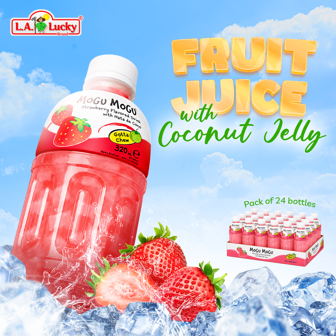 Strawberry Flavored Drink with Nata de Coco Coconut Jelly, 320ml Bottles