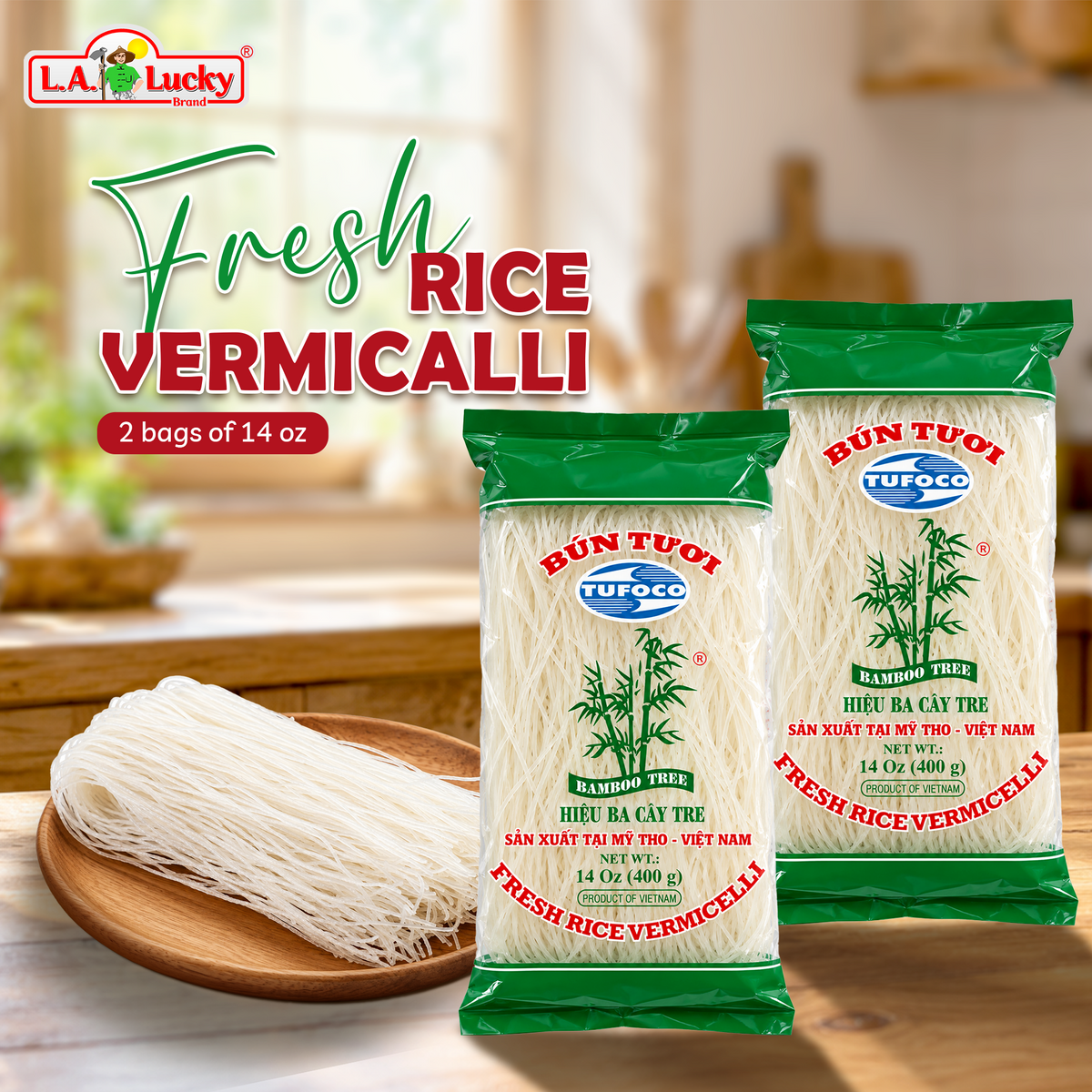 TUFUCO Bun Tuoi rice vermicelli, pack of two 14 oz bags